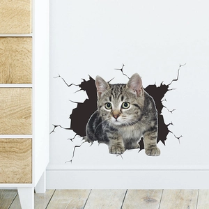 3D hole wall sticker featuring a cute grey tabby cat popping out of a white wall