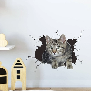3D cat wall sticker with realistic kitten peeking through crack for home decoration