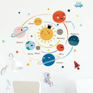 Stickers muraux système solaire pour chambre d'enfant avec planètes et astronautes