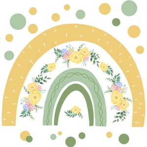 Cartoon yellow green rainbow wall sticker with floral design for nursery room decoration