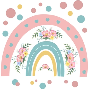 Cartoon pink and blue rainbow wall sticker with floral accents and soft watercolor roses