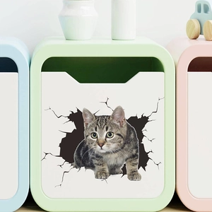 3D realistic gray tabby cat wall sticker peering through hole for home decor
