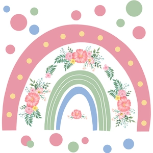 Cartoon pastel rainbow and floral wall decal for home living room or nursery decor