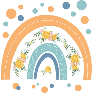 Cartoon orange and blue rainbow wall sticker with floral accents for home decor