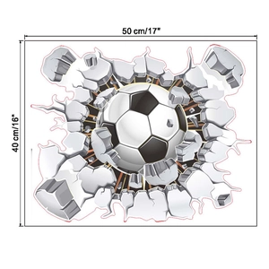 3D soccer wall sticker with broken wall effect showing 50cm x 40cm product dimensions