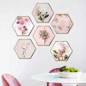 Set of 6 hexagonal flower wall stickers with gold frames for home decoration