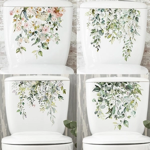 Tropical green leaf and floral self-adhesive toilet tank stickers for bathroom decor