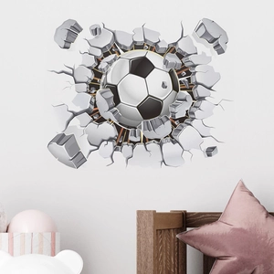 3D football breaking through wall sticker for children's room sports themed decor