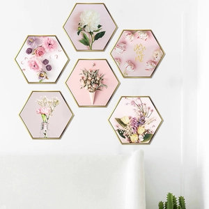 Set of 6 hexagonal wall stickers with pink floral designs and gold textured frames