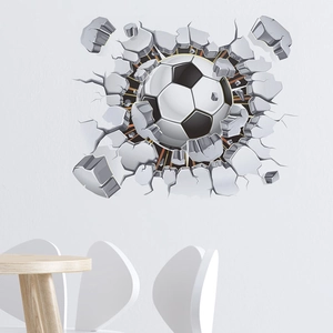 3D football breaking wall sticker with realistic shattered bricks for kids room decor