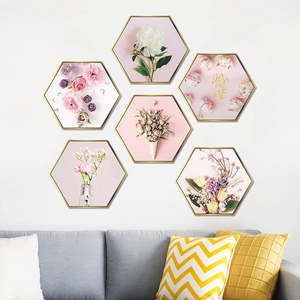 Set of 6 hexagonal gold-framed floral wall art prints with pink peony and tulip designs