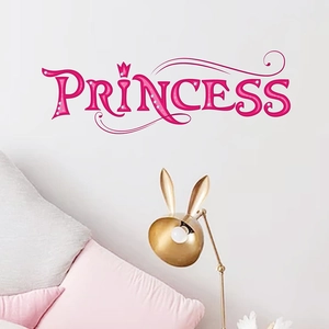 Pink PRINCESS wall decal with crown and floral accents for girls room home decor