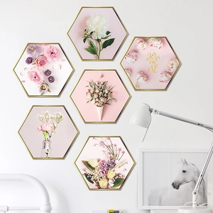 Hexagon Pink Floral Wall Stickers Peony Tulip Flower Pattern PVC Removable Wall Decals For Living Room Bedroom Home Decor