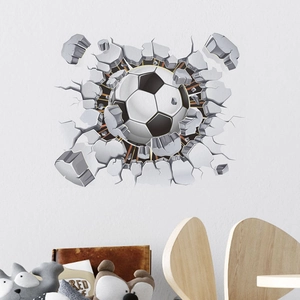 3D soccer ball wall sticker bursting through a broken wall for kids room decor