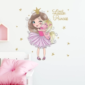 Sticker mural fille de dessin animé et licorne avec texte Little Princess pour chambre