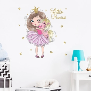 Sticker mural princesse dessin animé avec ballerine et licorne pour chambre d'enfant