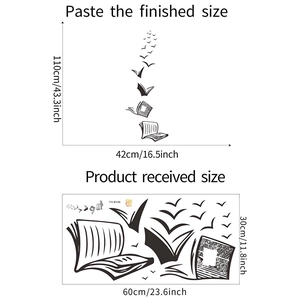 Detail showing wall sticker layout with books and birds silhouette including dimensions