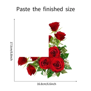 Detailed size chart for red rose flower wall stickers with L-shaped floral arrangement