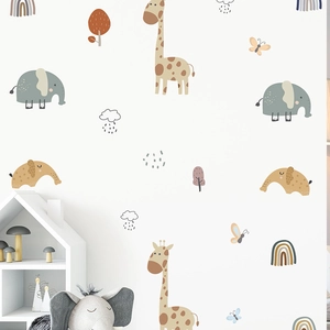 Nursery wall stickers with giraffe and elephant in Scandinavian Morandi colors