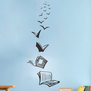 Poetic black book to flying birds wall sticker for living room and study wall decor