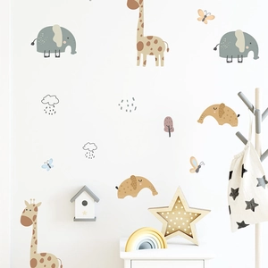 Cartoon animal wall decals set with giraffe and elephant for kids bedroom decoration