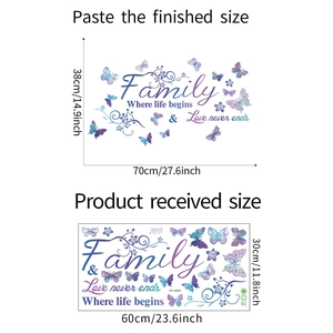 Detail showing Family quote wall sticker with purple butterflies and layout dimensions