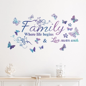 Family quote wall sticker with purple butterflies for home living room decoration