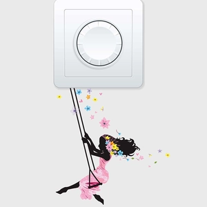 Green leaf light switch wall sticker with girl silhouette and floral pattern decor