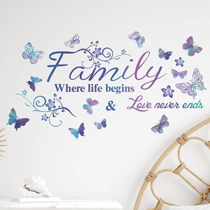 Family quote wall sticker with purple blue butterfly and floral pattern for home decor