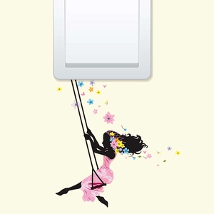 Self-adhesive wall sticker featuring a girl on a swing with floral and heart patterns
