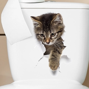 3D cat hole wall sticker for bathroom toilet with realistic striped kitten peeking out
