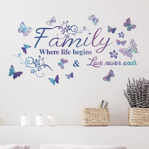 Family Quote Butterfly Flower Wall Stickers Waterproof PVC Removable Decal Purple Blue Gradient Home Decor Wall Murals