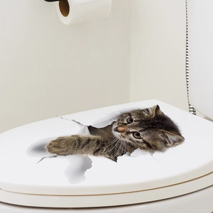 3D grey tabby cat hole wall sticker for bathroom toilet cover decoration