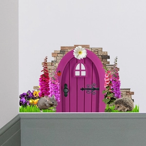 Cartoon animal castle wall stickers with fairy door and hedgehog for nursery room decor
