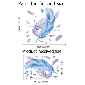 Detail showing layout and dimensions of lavender feather wall stickers for home decor