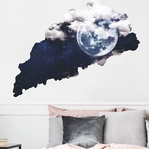 Starry sky moon and clouds wall sticker for bedroom decor in deep blue and white finish