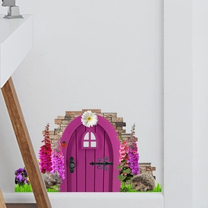 Cartoon animal castle wall sticker with fairy door and hedgehog for kids room decoration