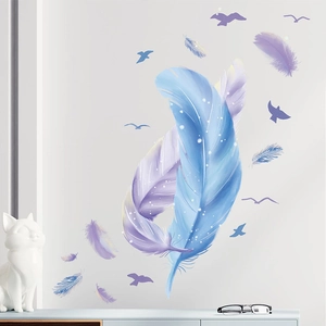 Dreamy blue and purple feather wall stickers with birds for bedroom home decoration