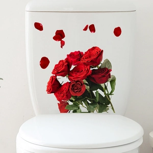 Sticker de toilette roses rouges romantiques avec pétales réalistes et feuilles vertes