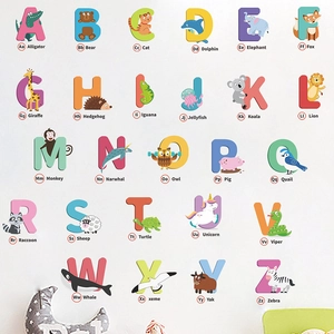 Cartoon alphabet wall decals with 26 letters and animals for kids room nursery decor