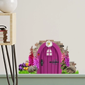 Cartoon animal castle wall sticker with fairy door and floral accents for kids room decor