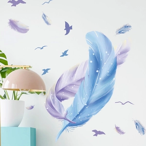 Romantic blue and purple watercolor feather wall stickers with birds for home decor