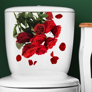 Sticker 3D pour toilettes avec roses rouges romantiques et feuilles pour déco intérieure