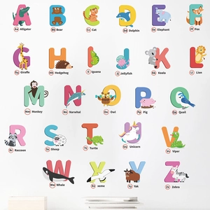 Educational animal alphabet wall decals featuring 26 cartoon letters for kids room decor