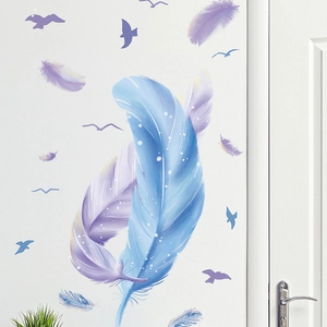 Dreamy blue and purple feather wall decals with flying bird silhouettes for bedroom decor