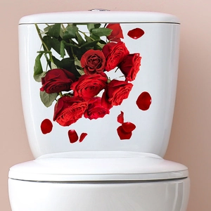 Sticker de Toilettes Fleur Rose Rouge 3D Décalcomanie Murale en PVC Amovible pour Salle de Bain Décoration Maison Imperméable