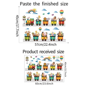 Detail of cartoon animal train wall stickers showing layout size 60x40cm and 57x45cm
