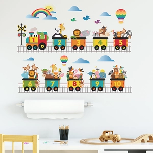 Cartoon animals train wall stickers for nursery with colorful numbers from 1 to 10