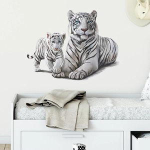 Selbstklebender Wandtattoo mit realistischer weißer Tigerfamilie für das Kinderzimmer
