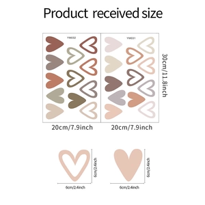 Detailed size chart for heart-shaped Morandi wall stickers measuring 30x20cm and 6x6cm